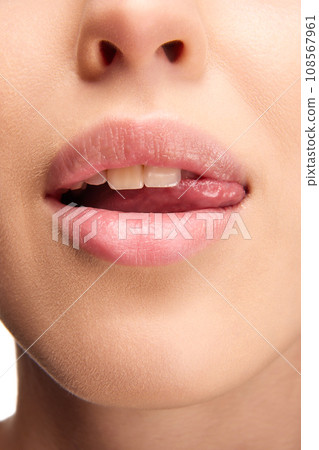 Open mouth, tongue touches teeth. Close up view of woman licking pink natural gloss lips. Beautiful plump lips. Open mouth, tongue touches teeth. Close up view of woman licking pink natural gloss lips. Beautiful plump lips. 108567961