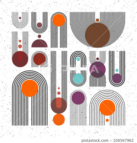 Mid century arch, circle elements, modern geometric shapes with grunge texture. Contemporary design, minimalist art. Trendy design elements for wall decor, posters, books, covers. Vector illustration 108567962