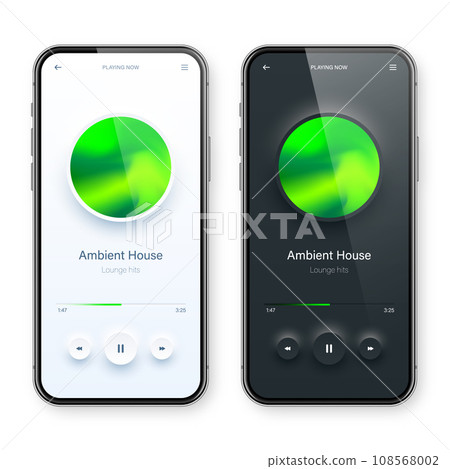 Online audio player user interface, smartphone app UI design. Music, media streaming and listening platform. Responsive mobile application. Neumorphism, neumorphic style. Vector illustration. 108568002