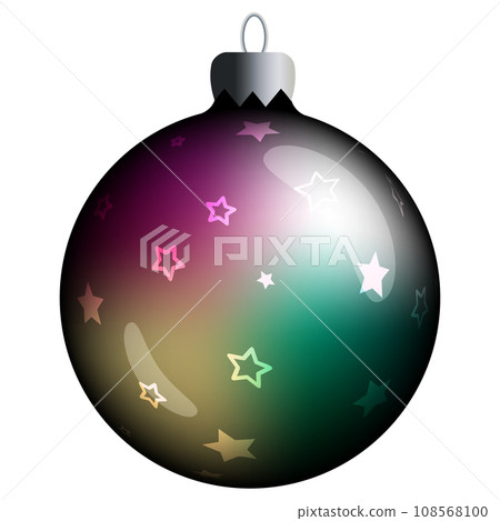 Realistic round Christmas ball with purple and green gradient, stars and flares isolated on a white background. Clipart for christmas tree. 108568100