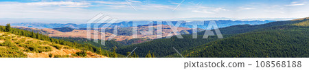panorama of mountainous landscape in autumn. trees on the grassy hills. beautiful outdoor scenery of romanian carpathian countryside, apuseni national park 108568188