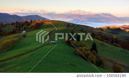rolling hills of carpathian rural landscape. mountainous scenery in autumn. fog in the distant valley at sunrise rolling hills of carpathian rural landscape. mountainous scenery in autumn. fog in the distant valley at sunrise 108568190