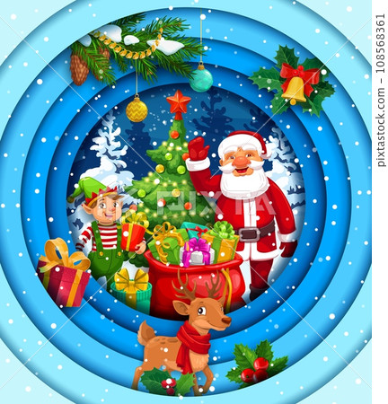 Christmas paper cut holiday character near pine tree. Santa, deer and elf in winter forest with gifts bag. Vector Xmas papercut double exposition 3d effect frame with Father Noel, presents and helper 108568361
