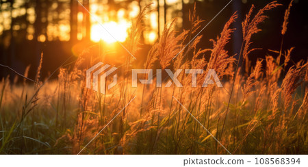 Tall grass against a golden sunset sky 108568394