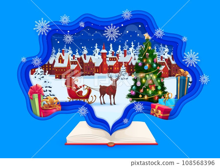 Christmas paper cut greeting card with opened book, Santa on sleigh, winter town and holiday pine tree. Merry Xmas background, winter season holiday wallpaper or Christmas papercut vector banner Christmas paper cut greeting card with opened book, Santa on sleigh, winter town and holiday pine tree. Merry Xmas background, winter season holiday wallpaper or Christmas papercut vector banner 108568396