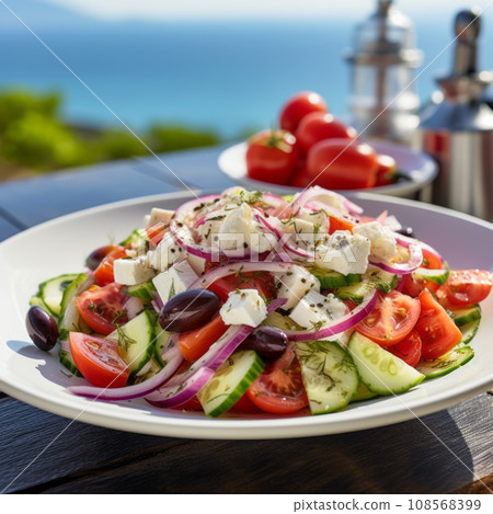 Fresh Greek salad - feta cheese, tomatoes, cucumber, red pepper, black olives and onion on wooden table Fresh Greek salad - feta cheese, tomatoes, cucumber, red pepper, black olives and onion on wooden table 108568399
