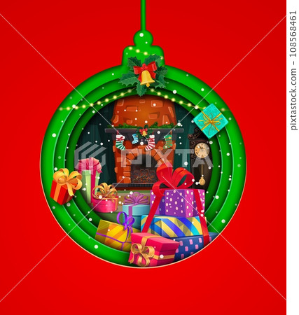 Christmas paper cut bauble with presents and fireplace interior. Vector double exposition Xmas holiday papercut 3d effect frame in shape of toy with colorful gifts and traditional home with fire place 108568461