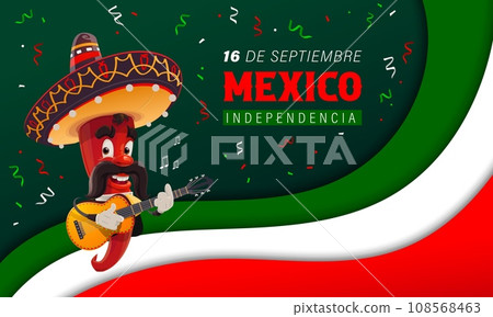 Mexico Independence Day paper cut banner with chili pepper and national flag waves, vector background. Chili pepper mariachi character in sombrero with guitar for Mexican Independence day holiday 108568463