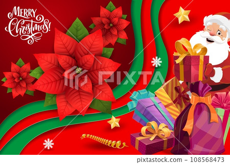 Christmas holiday paper cut with poinsettia flowers, presents and Santa character. Vector 3d effect greeting card with cartoon Noel and decorated gift boxes at holiday eve. Funny St Nicolas personage Christmas holiday paper cut with poinsettia flowers, presents and Santa character. Vector 3d effect greeting card with cartoon Noel and decorated gift boxes at holiday eve. Funny St Nicolas personage 108568473