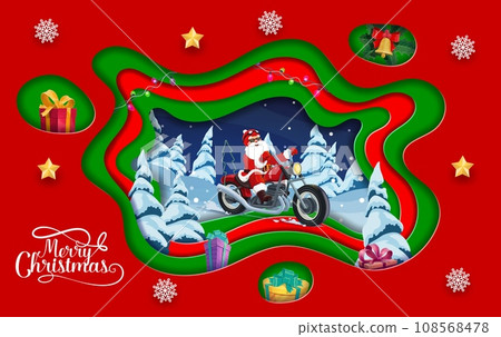 Cartoon christmas paper cut card, Santa on bike in winter forest. Vector banner with funny Father Noel biker hurry to kids by snowy wood with trees and gifts in 3d layered effect frame, greeting card Cartoon christmas paper cut card, Santa on bike in winter forest. Vector banner with funny Father Noel biker hurry to kids by snowy wood with trees and gifts in 3d layered effect frame, greeting card 108568478