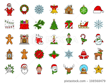 Christmas line icons set, vector celebratory attributes. Santa, wreath, snowflake, bell or gingerbread. Pine tree, gifts bag, gnome, stockings, fireplace and lantern, elf with snowman, deer and star 108568479