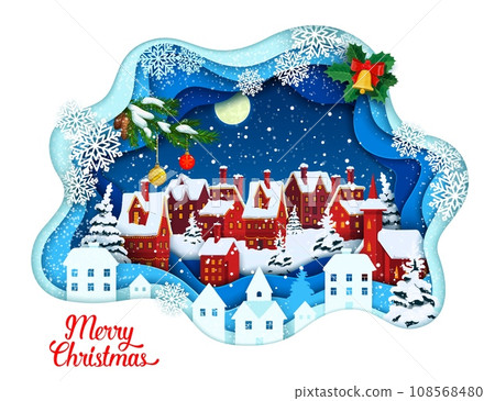 Christmas paper cut landscape. Winter town, snowflakes and holiday decorations. Vector double exposition 3d effect frame with countryside cityscape scene at eve night with moon and house silhouettes 108568480