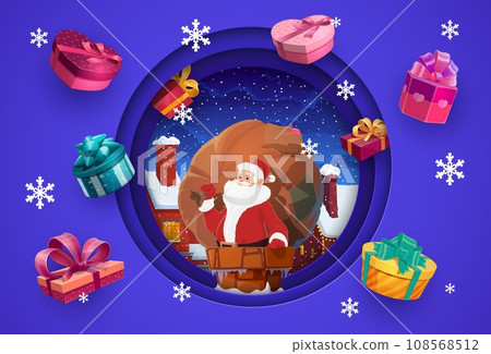 Christmas paper cut banner Santa with gifts bag on the roof. Vector double exposition 3d effect greeting card with funny Saint Nicholas carrying huge sack at night snowy town and falling gift boxes 108568512