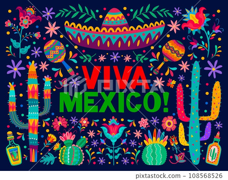 Viva mexico holiday banner with sombrero, cactus and flowers. Mexican national holiday or party patriotic banner with colorful flourish ornaments, maracas musical instrument and tequila drink bottle 108568526