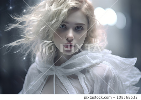 Unusual girl. Portrait of woman wearing white gown dress with flowing ghostly veiled fabric. 108568532