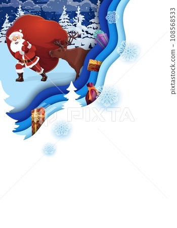 Christmas paper cut poster, santa with presents bag in winter forest. Vector xmas cover or greeting card template with 3d layered effect. Vertical blank banner with funny Father Noel carrying gifts Christmas paper cut poster, santa with presents bag in winter forest. Vector xmas cover or greeting card template with 3d layered effect. Vertical blank banner with funny Father Noel carrying gifts 108568533