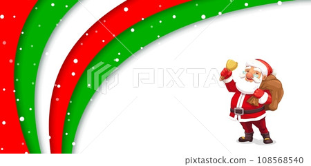 Christmas paper cut waves with cartoon funny Santa with jingle bell. Vector greeting card with 3d layered border in colors of Xmas holiday and Saint Nicholas with bag inside of papercut frame 108568540