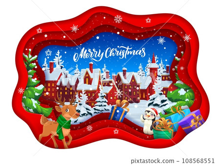 Cartoon paper cut winter town landscape and reindeer with penguin characters. Vector double exposition 3d effect frame with countryside cityscape eve scene with houses under snowfall and cute animals 108568551