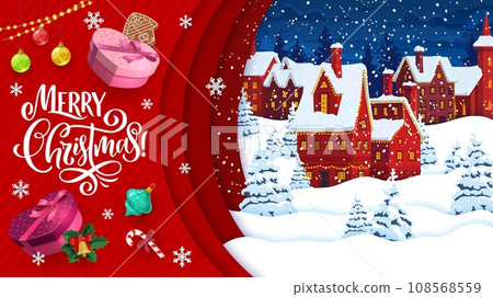 Christmas paper cut banner winter town landscape and presents. Xmas celebration, Christmas festive 3d vector background or greeting card with snowy city houses, gifts and holiday tree decorations 108568559