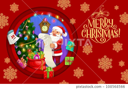 Winter Christmas paper cut banner with snowflakes and Santa with wish list. Winter holiday, Xmas celebration paper cut vector banner or greeting card with Santa Claus cartoon character, Christmas tree 108568566