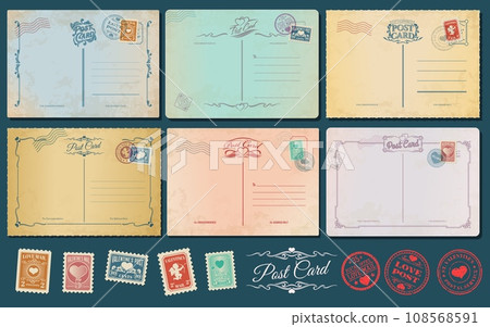Valentine day antique postcards, retro postage stamps and vintage mail. Vector greeting card templates for celebration. Love mail postal service office. Marks with cupids hold bow and arrows, hearts Valentine day antique postcards, retro postage stamps and vintage mail. Vector greeting card templates for celebration. Love mail postal service office. Marks with cupids hold bow and arrows, hearts 108568591