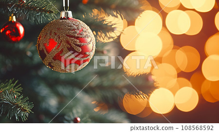 A vibrant red gold ornament adds a pop of color to the Christmas tree, creating a festive and cheerful atmosphere Banner with copy space 108568592