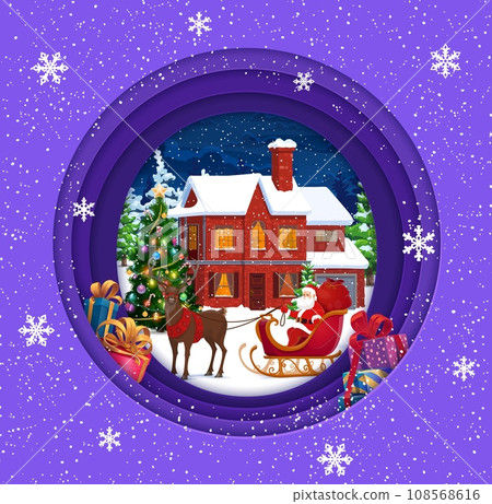 Christmas paper cut cartoon winter house, Santa on sleigh and holiday decorations. Vector 3d papercut art layered round frame with funny Father Noel sitting in deer sled front of cottage at xmas eve 108568616