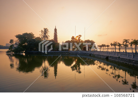 West lake and water reflection of temple in Hanoi. 108568721