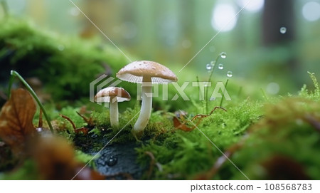 Wet mushrooms in a forest. 108568783