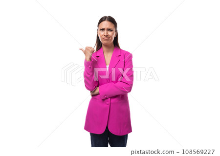 young slender brunette successful boss woman dressed in a crimson jacket on a white background 108569227