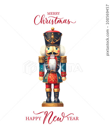 Vector Christmas watercolor illustration in Scandinavian style. Cute nutcracker with mistletoe, berries, candy cane. Christmas Holiday greeting card. Vector Christmas watercolor illustration in Scandinavian style. Cute nutcracker with mistletoe, berries, candy cane. Christmas Holiday greeting card. 108569457