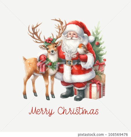 Cute watercolor christmas Santa Claus with deer,gift boxes and christmas tree. Christmas wishes calligraphy card. Template for New Year Card, Scrapbooking, Sticker, Planner, Invitation. 108569476