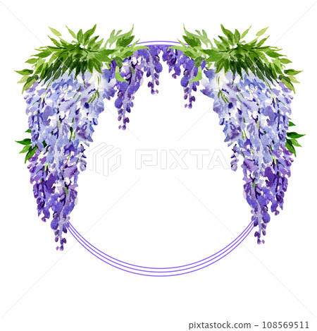 watercolor round frame with branch of wisteria blossom flowers, hand drawn illustration with spring lilac flowers, blue plant isolated on white background 108569511