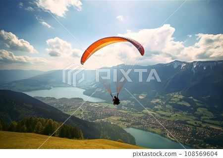 Person paragliding over the mountains and lake. Generative AI Person paragliding over the mountains and lake. Generative AI 108569604