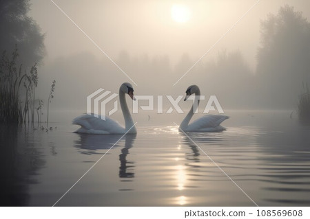 two white swans swimming in a lake on a foggy day. Generative AI 108569608