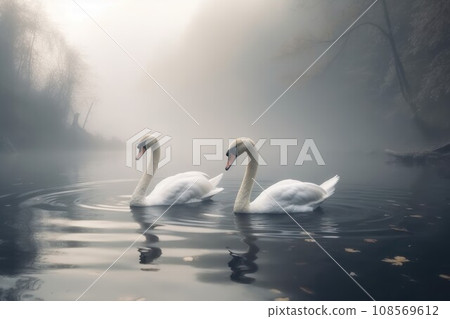 two white swans swimming in a lake on a foggy...-插圖素材 [108569612] - PIXTA圖庫