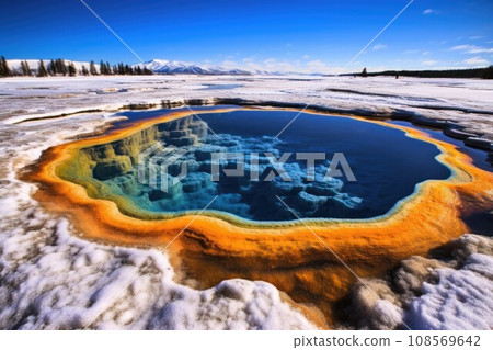 Grand Prismatic Spring in Yellowstone in winter time. Generative AI Grand Prismatic Spring in Yellowstone in winter time. Generative AI 108569642