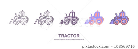 Bulldozer icon. Heavy tracked tractor with blade. Vector simple flat graphic illustration. The isolated object on a white background. 5 icons with different styles Bulldozer icon. Heavy tracked tractor with blade. Vector simple flat graphic illustration. The isolated object on a white background. 5 icons with different styles 108569716