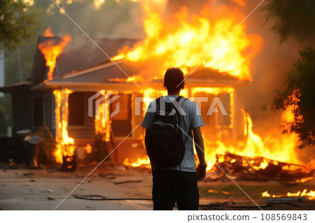 Young man standing in front of a burning house. Generative AI 108569843