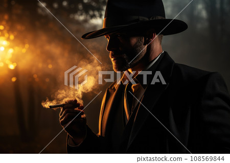 Man in suit and hat smoking cigar in forest at night. Generative AI 108569844