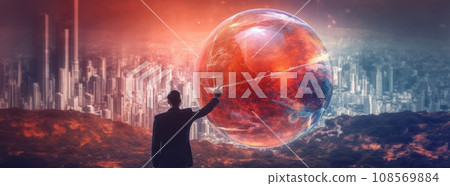 businessman in a suit reaches out to a massive globe. Generative AI 108569884