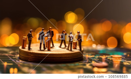 Golden miniature figures of businessmen standing on table. Generative AI 108569885