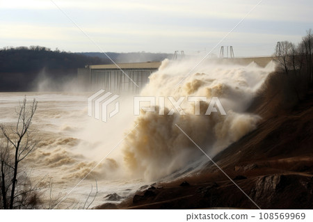 Catastrophic dam failure resulting in a massive flood destruction. Generative AI 108569969
