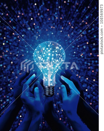 Glowing lightbulb with digital connections in hands. Generative AI 108569973