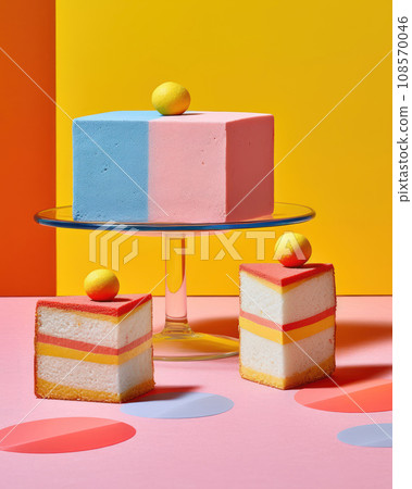 Vibrant cake and slices displayed against colorful backdrop. Generative AI 108570046