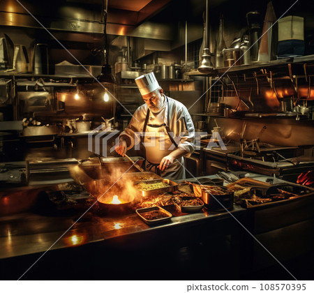 Professional chef cooking with flaming pan in a bustling kitchen. Generative AI 108570395
