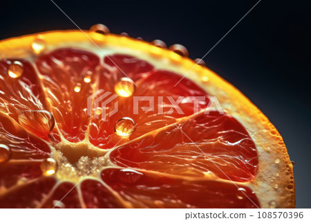 Close-up of fresh and juicy orange slice with water droplets. Generative AI 108570396