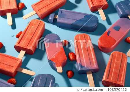 Colorful popsicles with strawberries on blue background. Generative AI 108570422