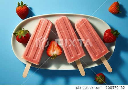 Colorful popsicles with strawberries on blue background. Generative AI 108570432