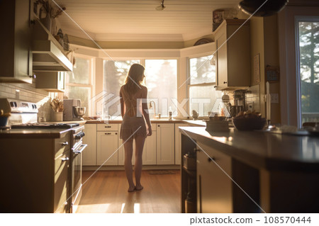Young woman stands thoughtfully in nostalgic kitchen. Generative AI 108570444